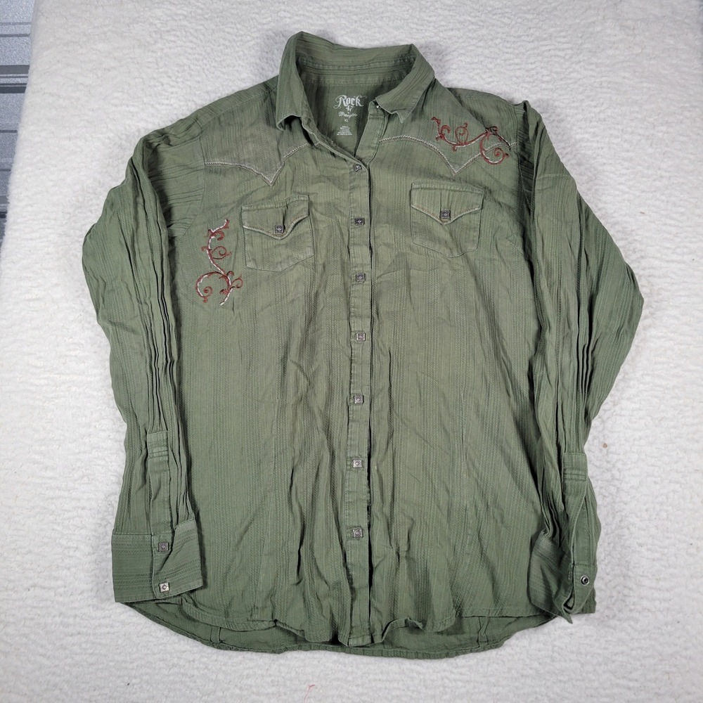 Rock 47 Wrangler Western Shirt Womens XL Olive Green Embroidered Cross Just Ride